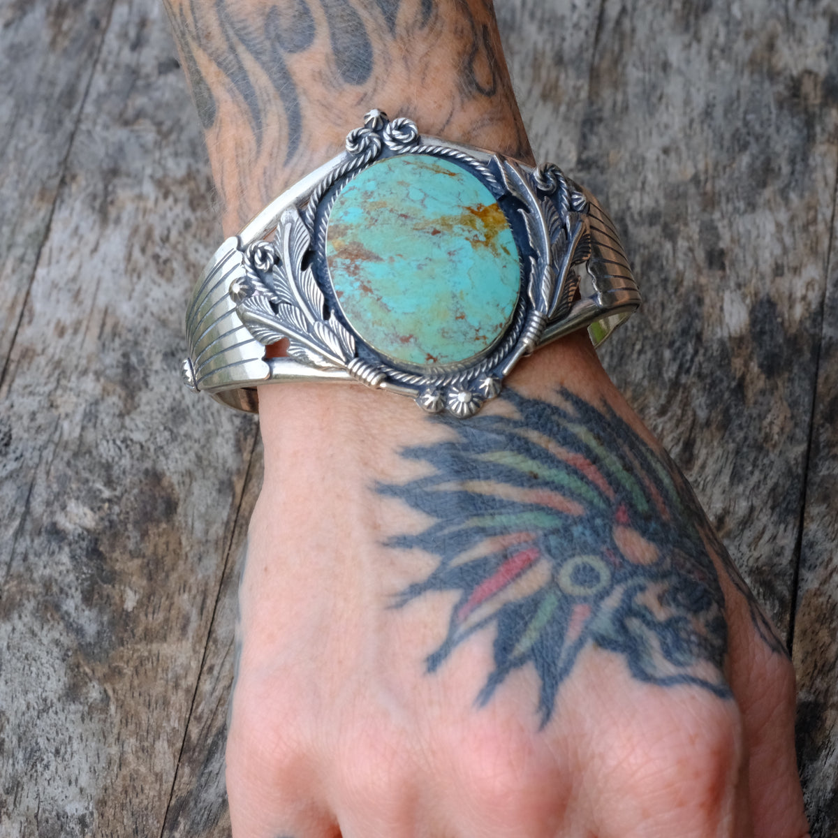 Vintage Sterling Turquoise Feather Cuff Bracelet