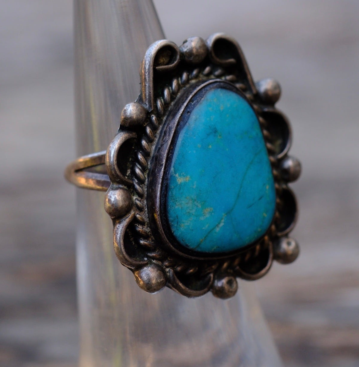 Vintage Sterling Turquoise Florette Ring 4.25