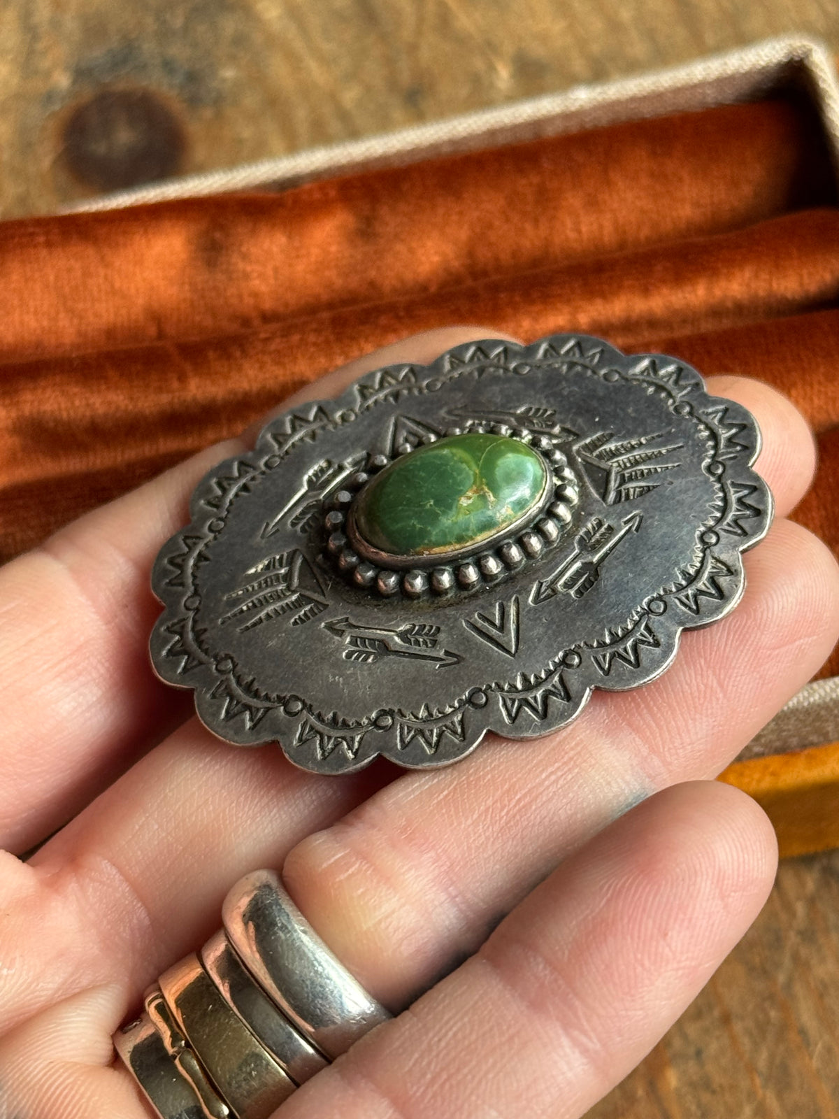 Vintage Sterling Silver Turquoise Stamped Concho Pin