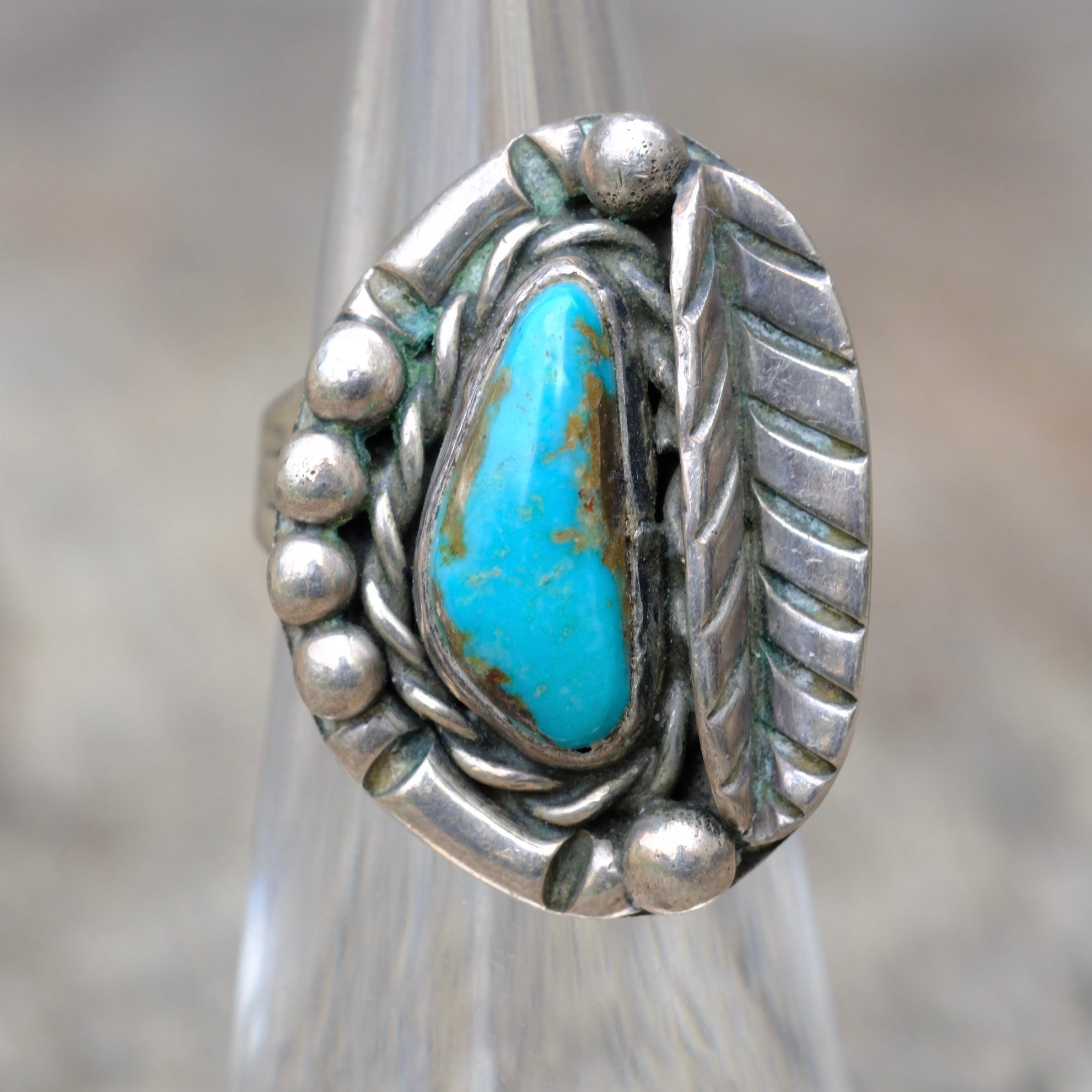 Vintage Sterling Turquoise Feather Ring 5.25