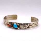 Vintage Sterling Turquoise and Coral Feather Cuff Bracelet 6.75"