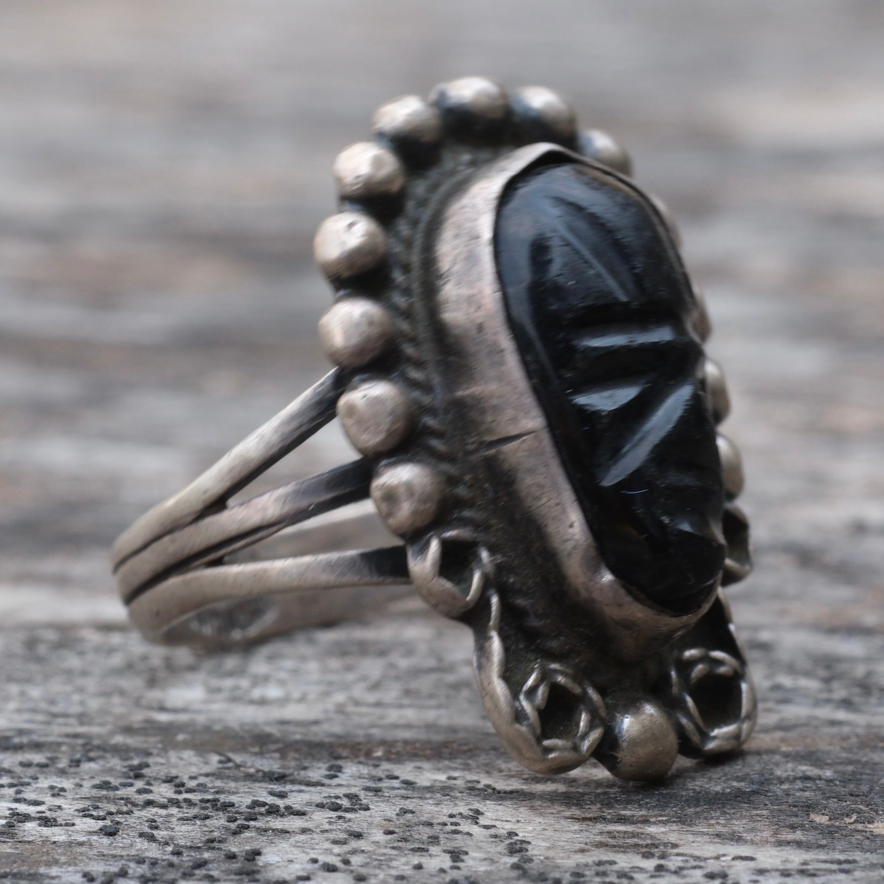 Vintage Sterling Carved Onyx Face Ring 5.5