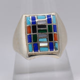 Vintage Sterling Multistone Inlay Panel Ring 10.75