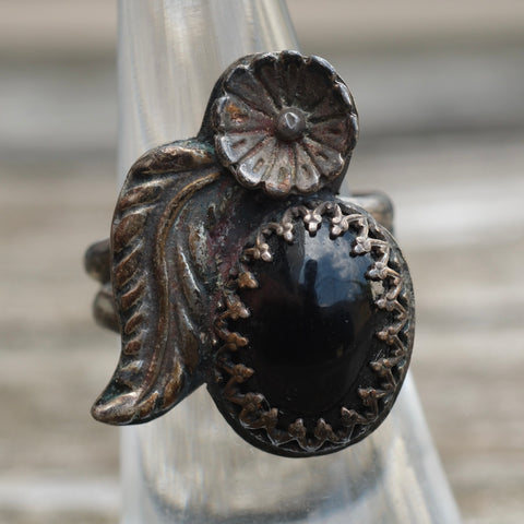 Vintage Sterling Onyx Feather Ring 6