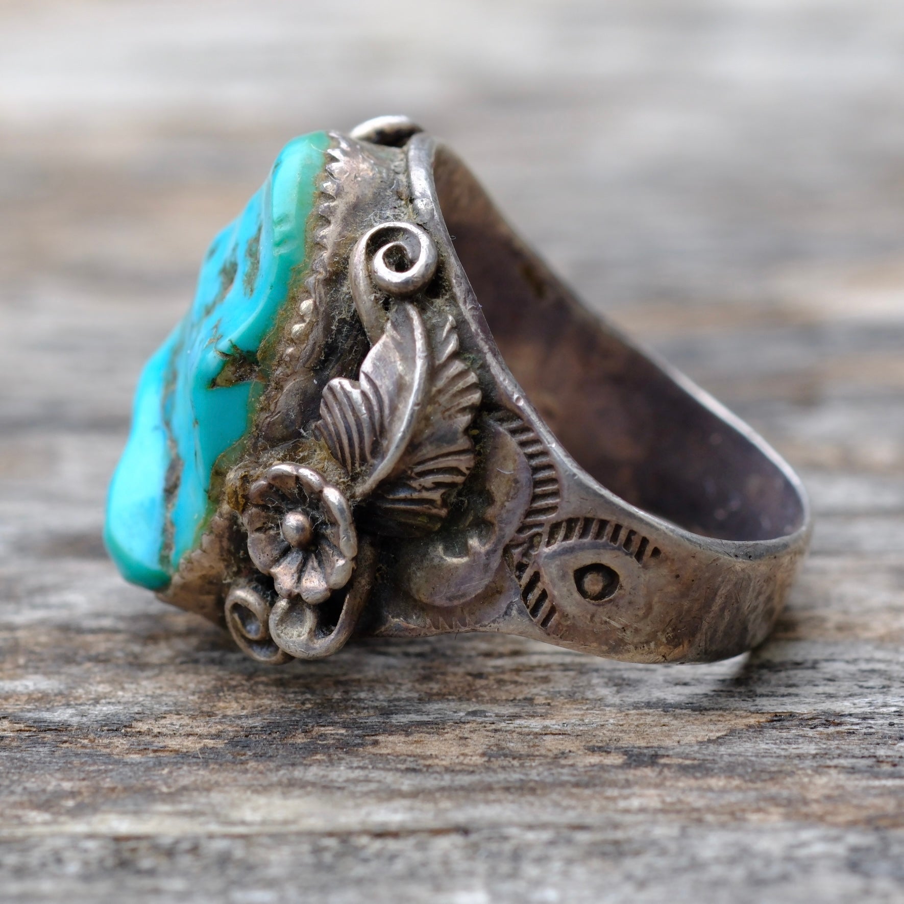 Vintage Sterling Turquoise Feather Ring 9.25