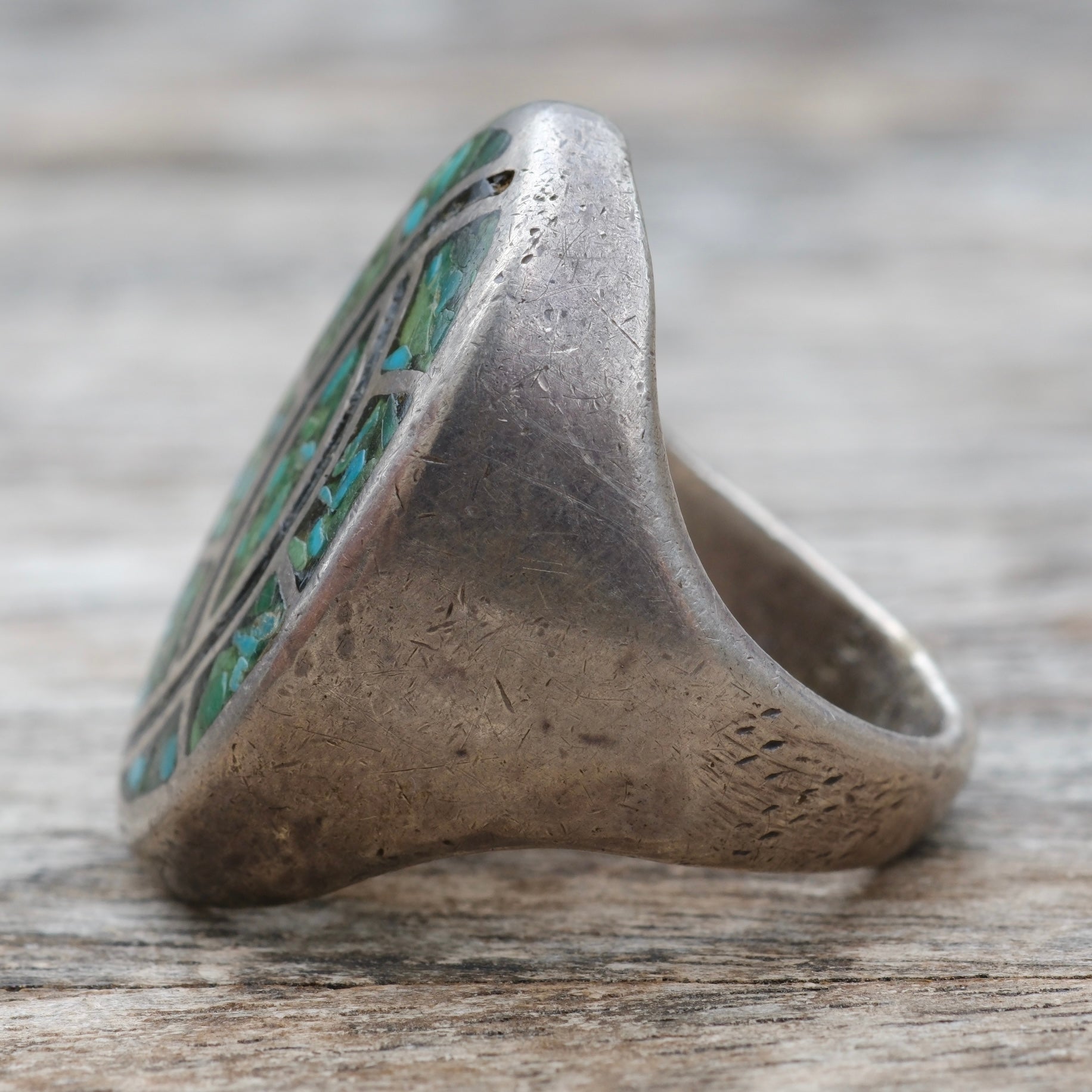 Vintage Sterling Crushed Turquoise Hummingbird Inlay Ring 9.25