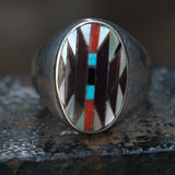 Vintage Sterling Zuni Inlay Ring 10.5