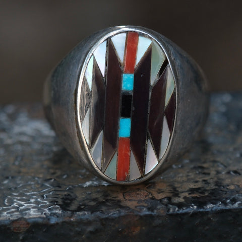 Vintage Sterling Zuni Inlay Ring 10.5