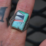 Vintage Sterling Multistone Inlay Stamped Band Ring 11.75