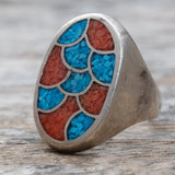 Vintage Sterling Crushed Turquoise and Coral Inlay Ring 9.75