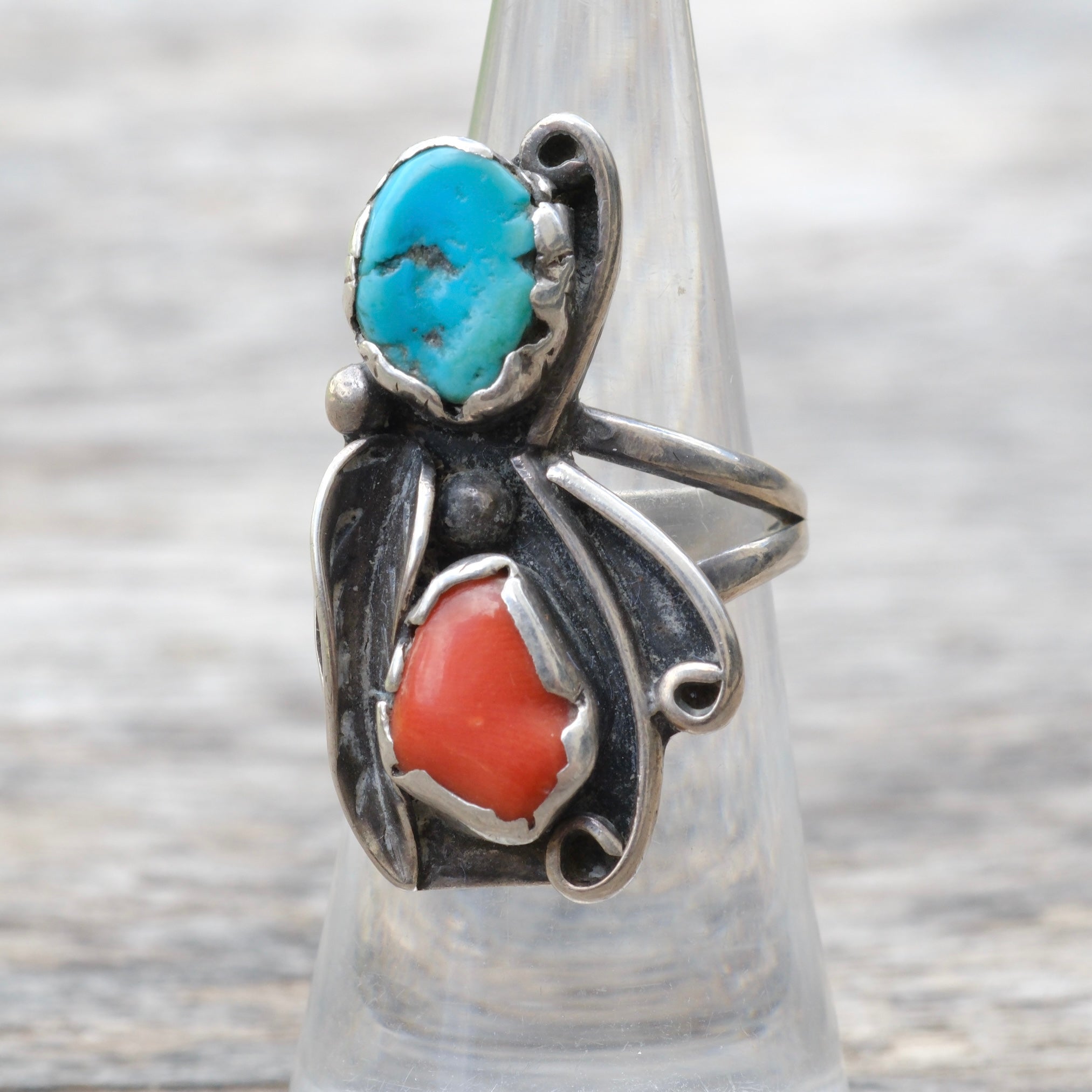 Vintage Sterling Turquoise and Coral Feather Ring 5.75