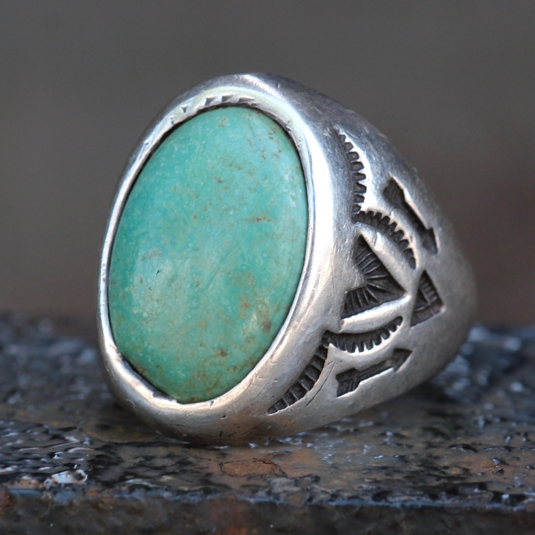 Vintage Sterling Turquoise Stamped V Trading Post Ring 9