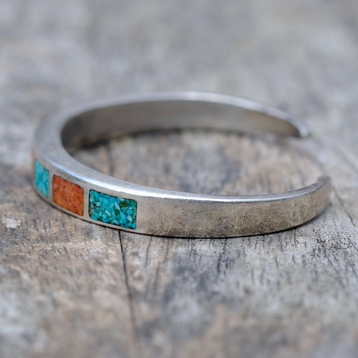 Vintage Sterling Crushed Turquoise and Coral Cuff Bracelet