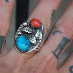 Vintage Sterling Turquoise and Coral Feather Ring 9