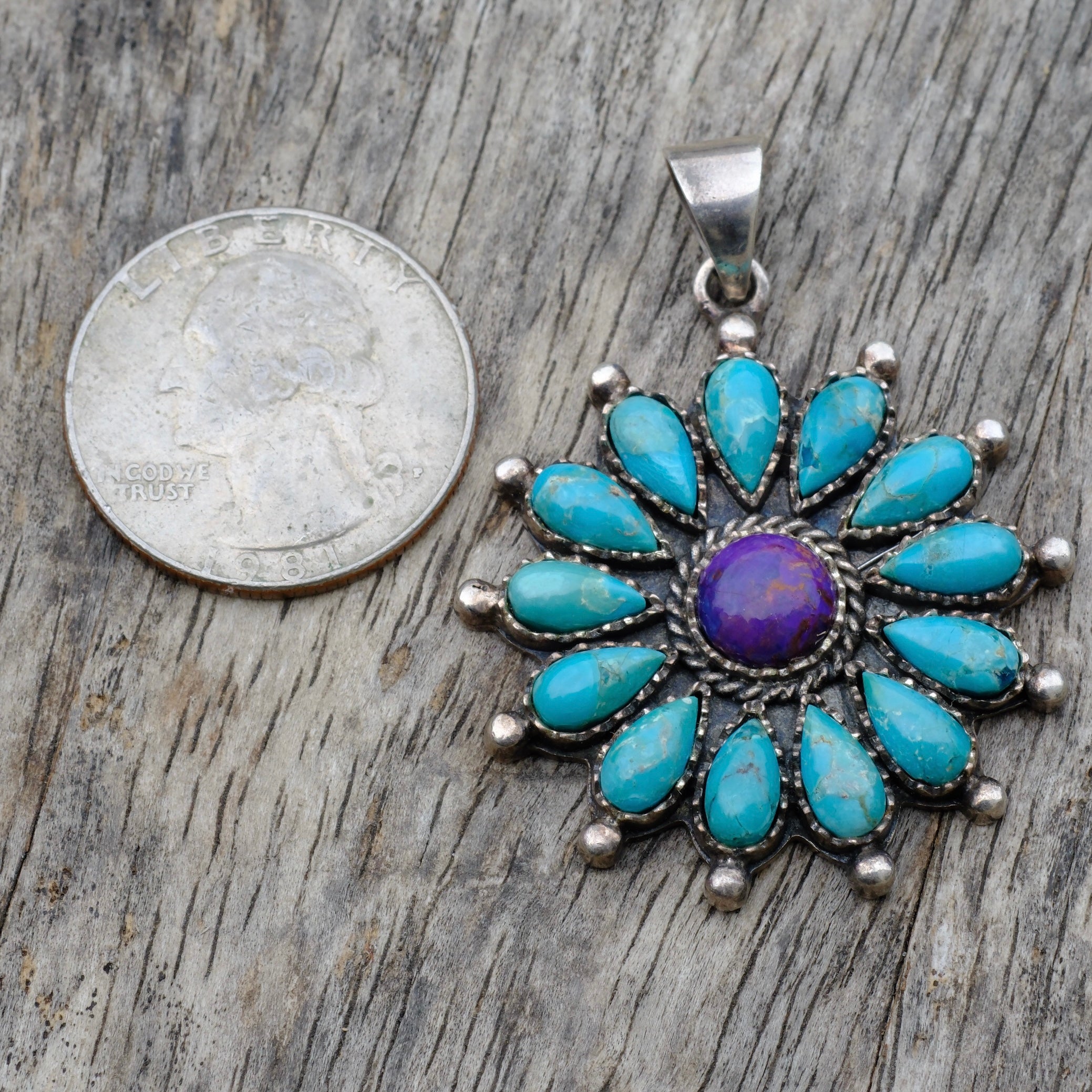 Vintage Sterling Sugilite and Turquoise Cluster Pendant