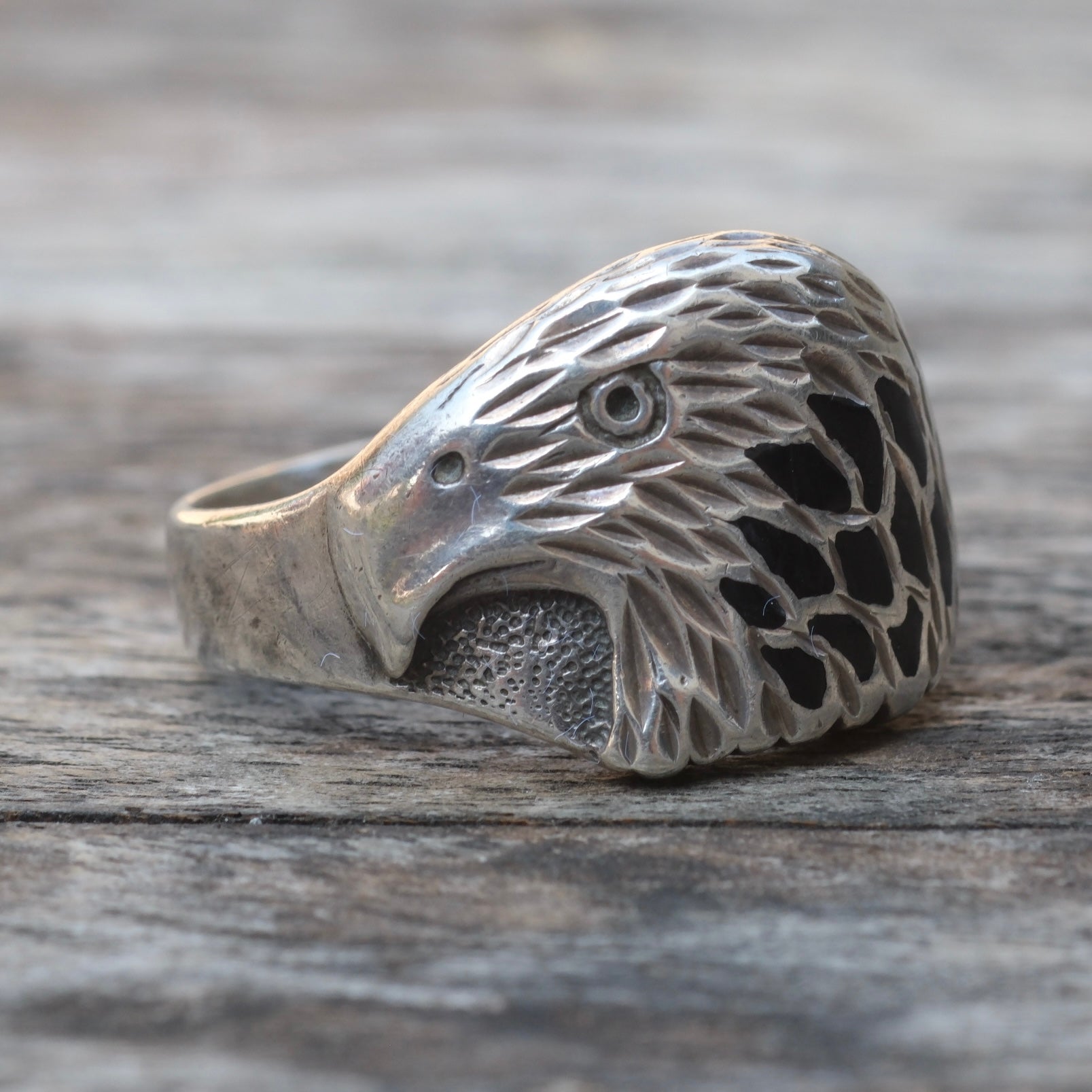 Vintage Sterling Onyx Eagle Ring 9.75