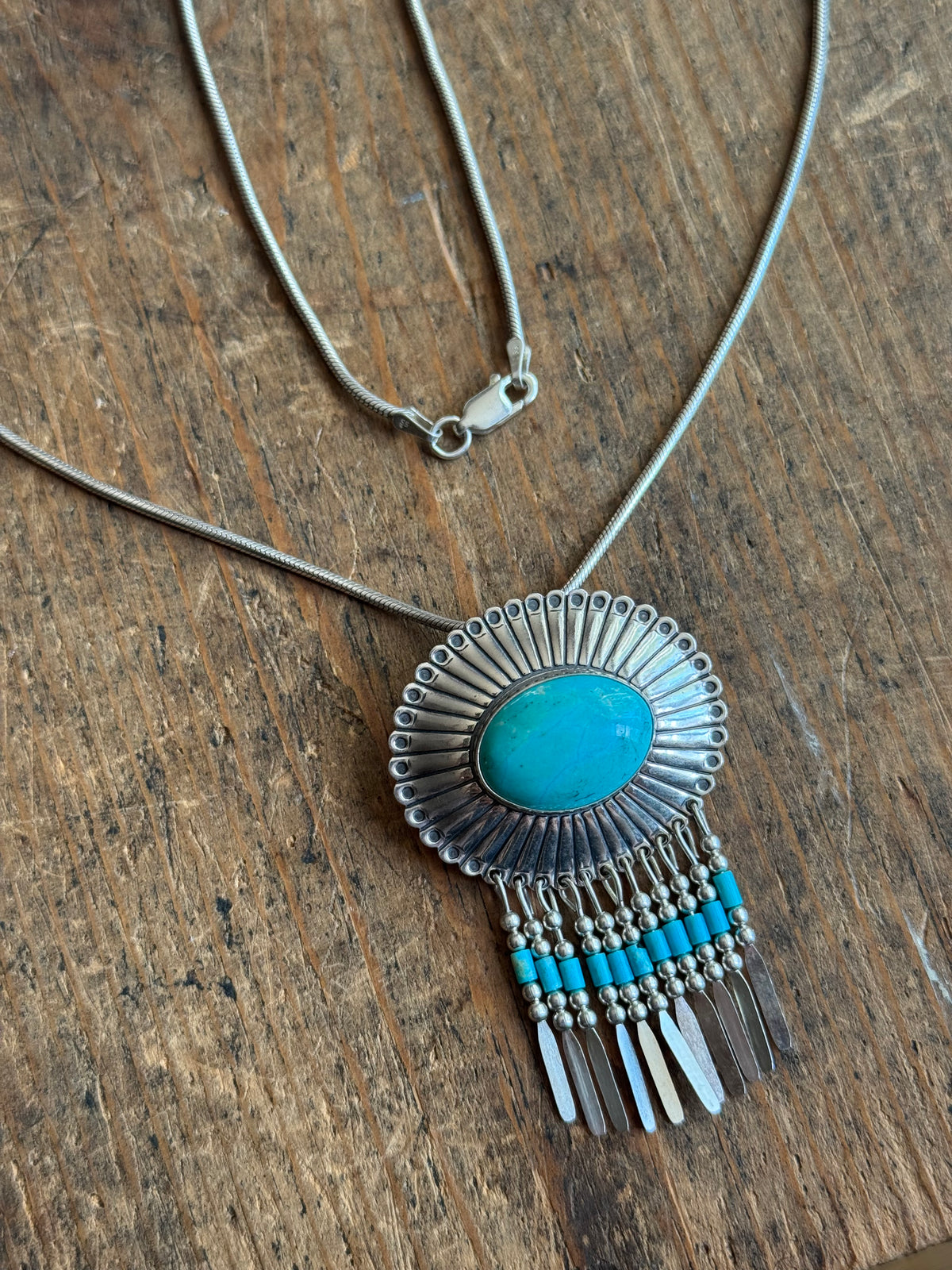 Vintage Sterling Silver Turquoise Fringe Concho Necklace