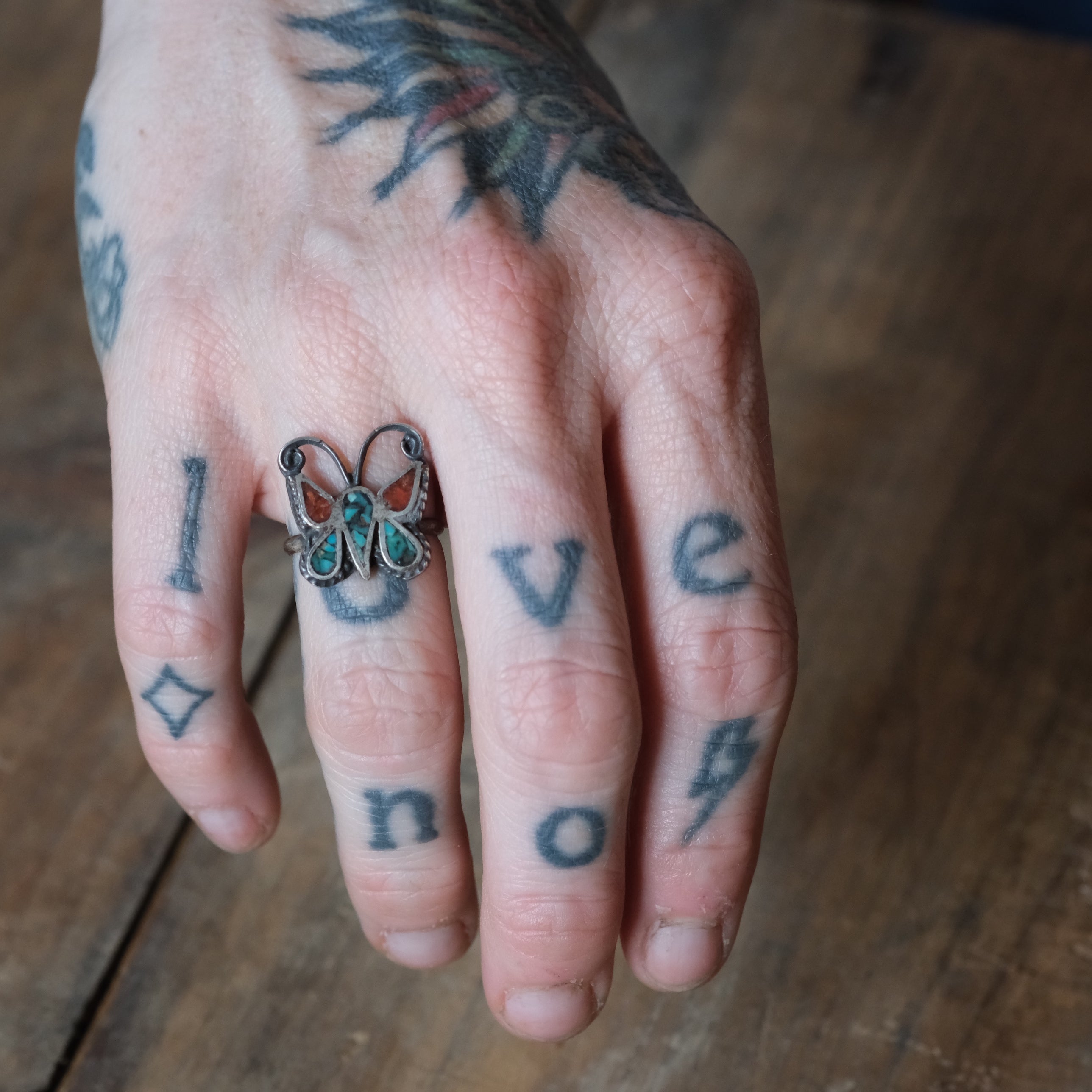 Vintage Sterling Turquoise and Coral Butterfly Ring 5