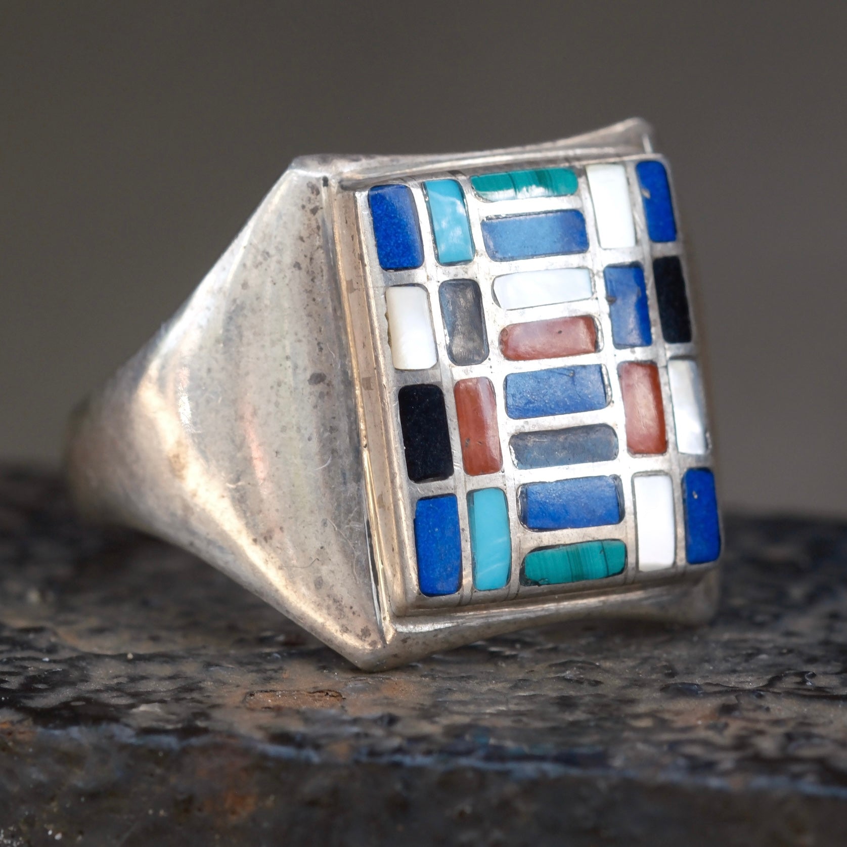 Vintage Sterling Mulstione Inlay Panel Ring 12.25