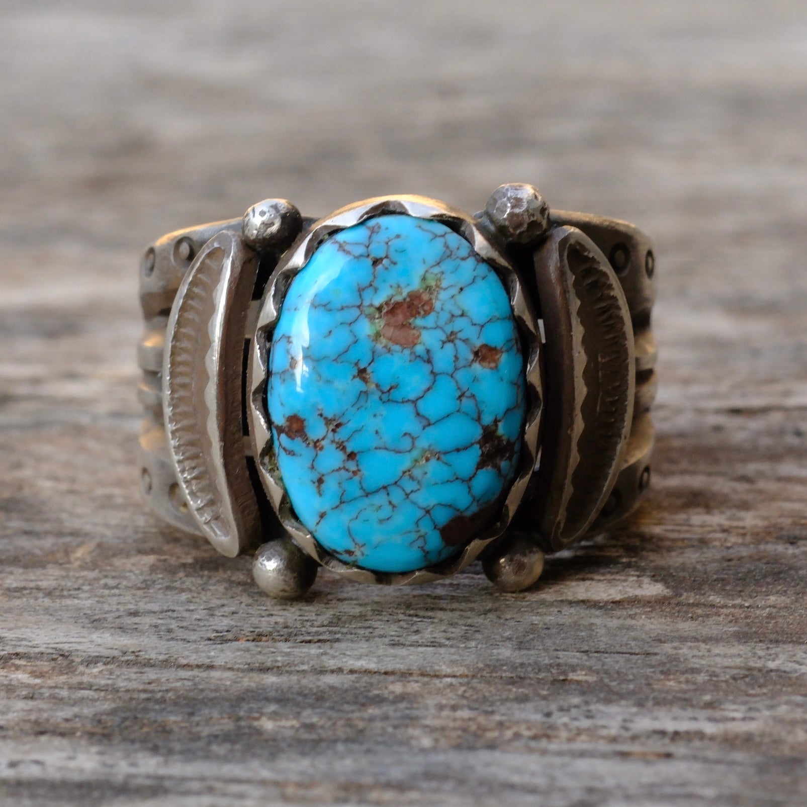 Heavy Ingot Sterling Silver Stamped Band Turquoise Ring 7