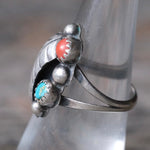 Vintage Sterling Turquoise and Coral Feather Ring 6.5