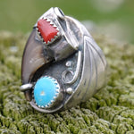 Vintage Sterling Turquoise and Coral Fox Claw Ring 9