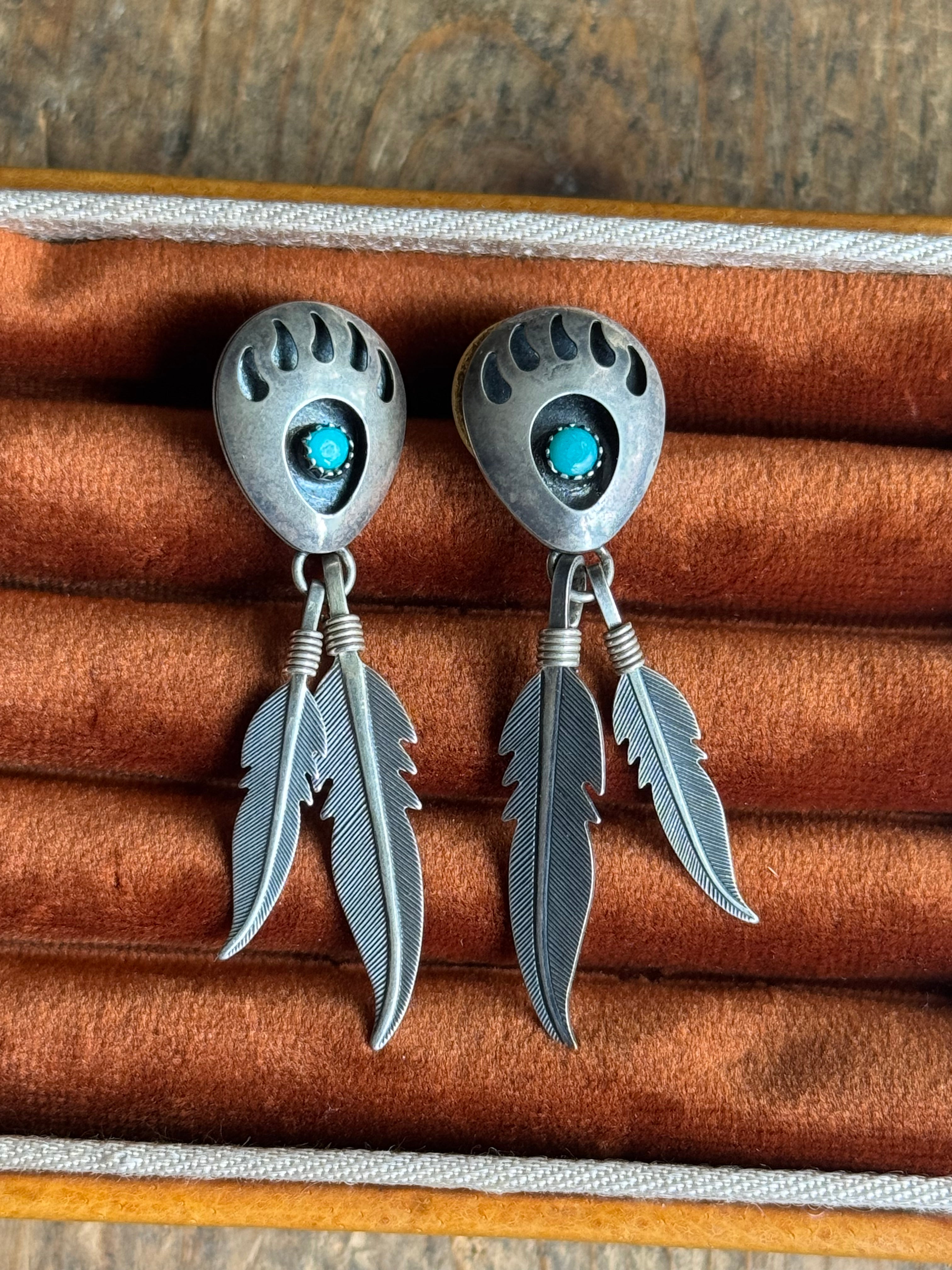 Vintage Sterling Silver Turquoise Bear Claw Feather Earrings