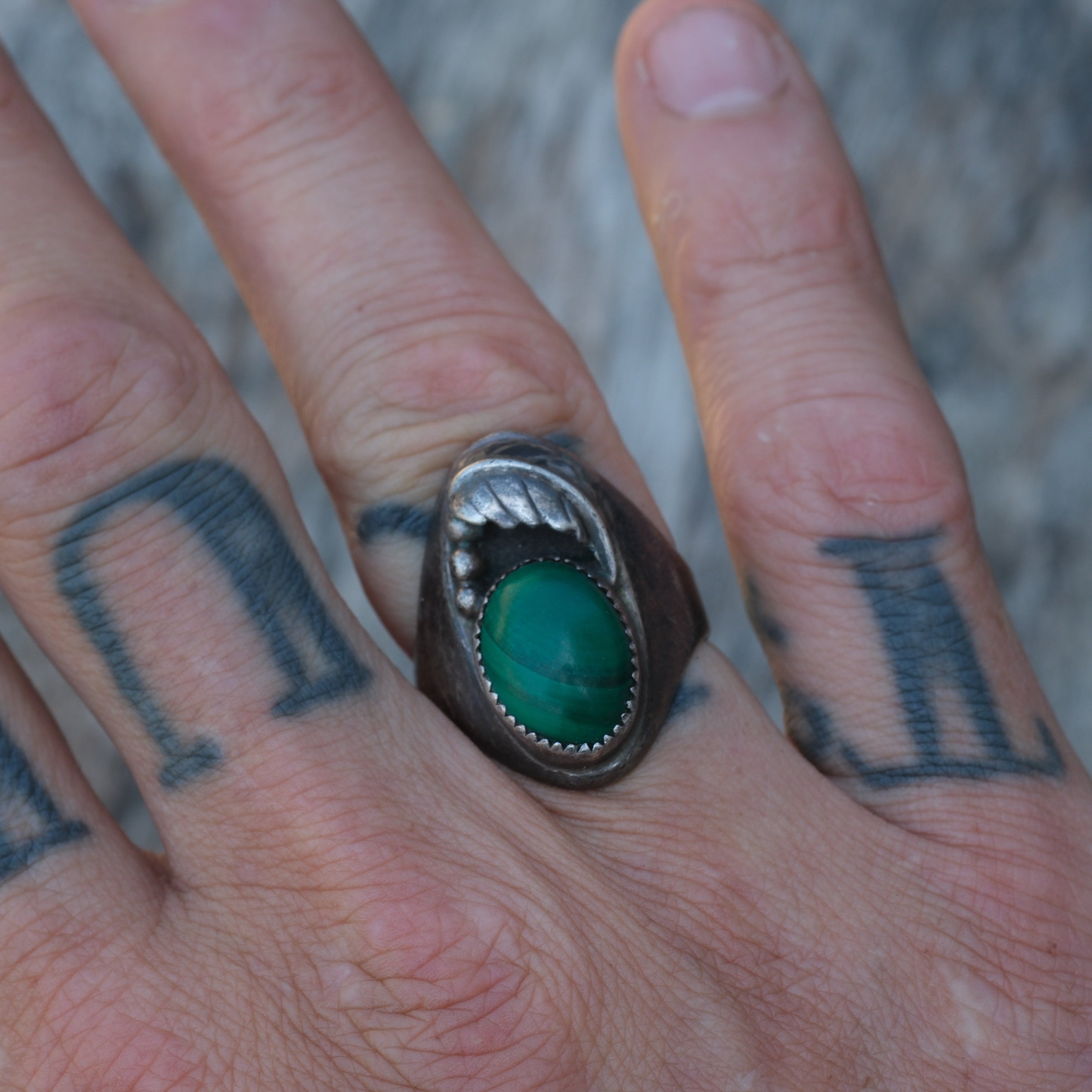 Vintage Sterling Malachite Feather Ring 7.5