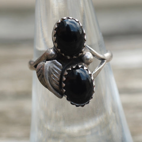 Vintage Sterling Onyx Feather Ring 5.75