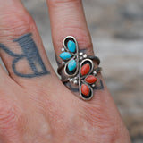 Vintage Sterling Turquoise and Coral Cluster Ring 7.5