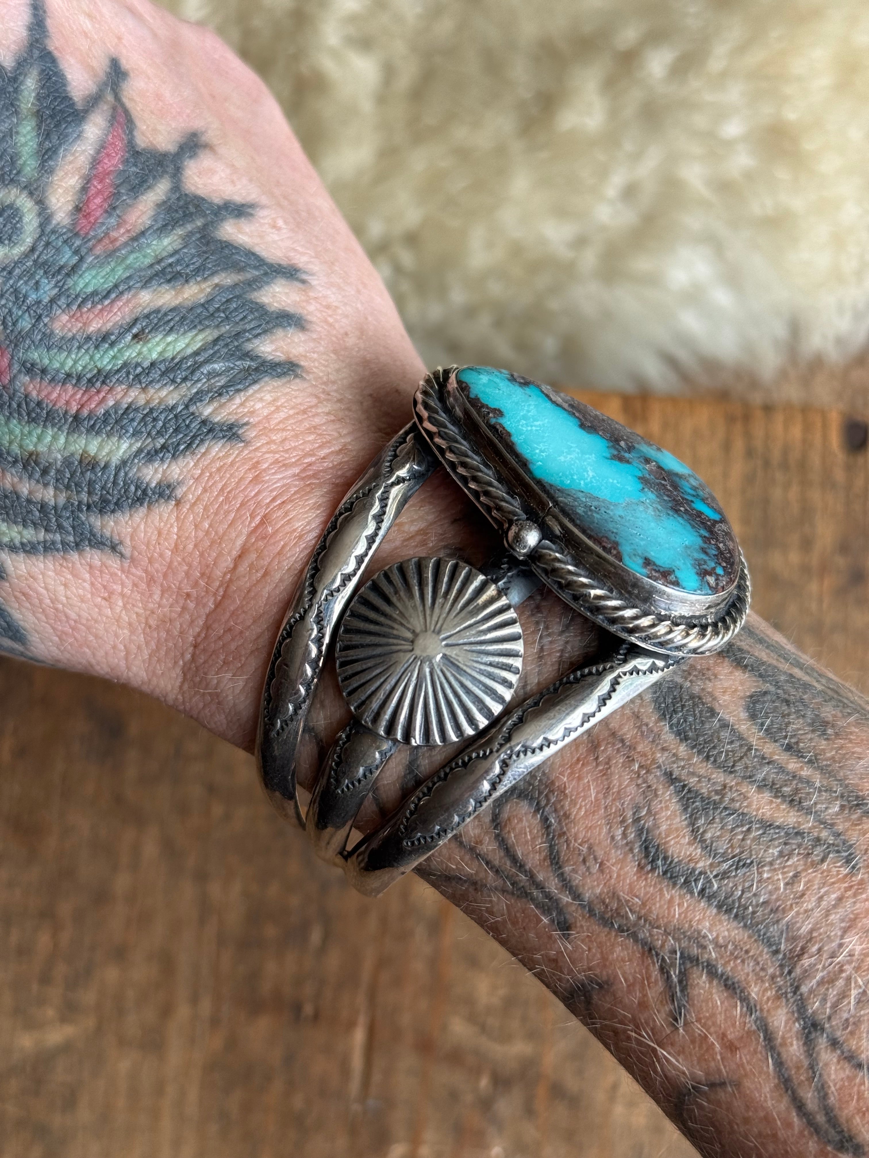 Vintage Sterling Silver Stamped Turquoise Sun Coin Cuff