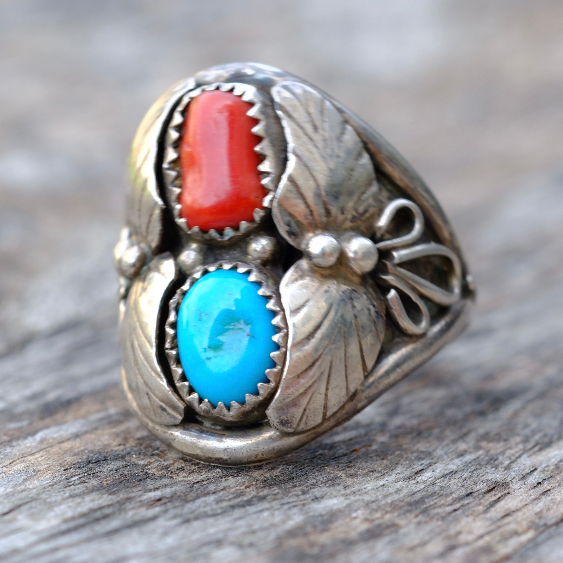 Vintage Sterling Turquoise and Coral Feather Ring 11
