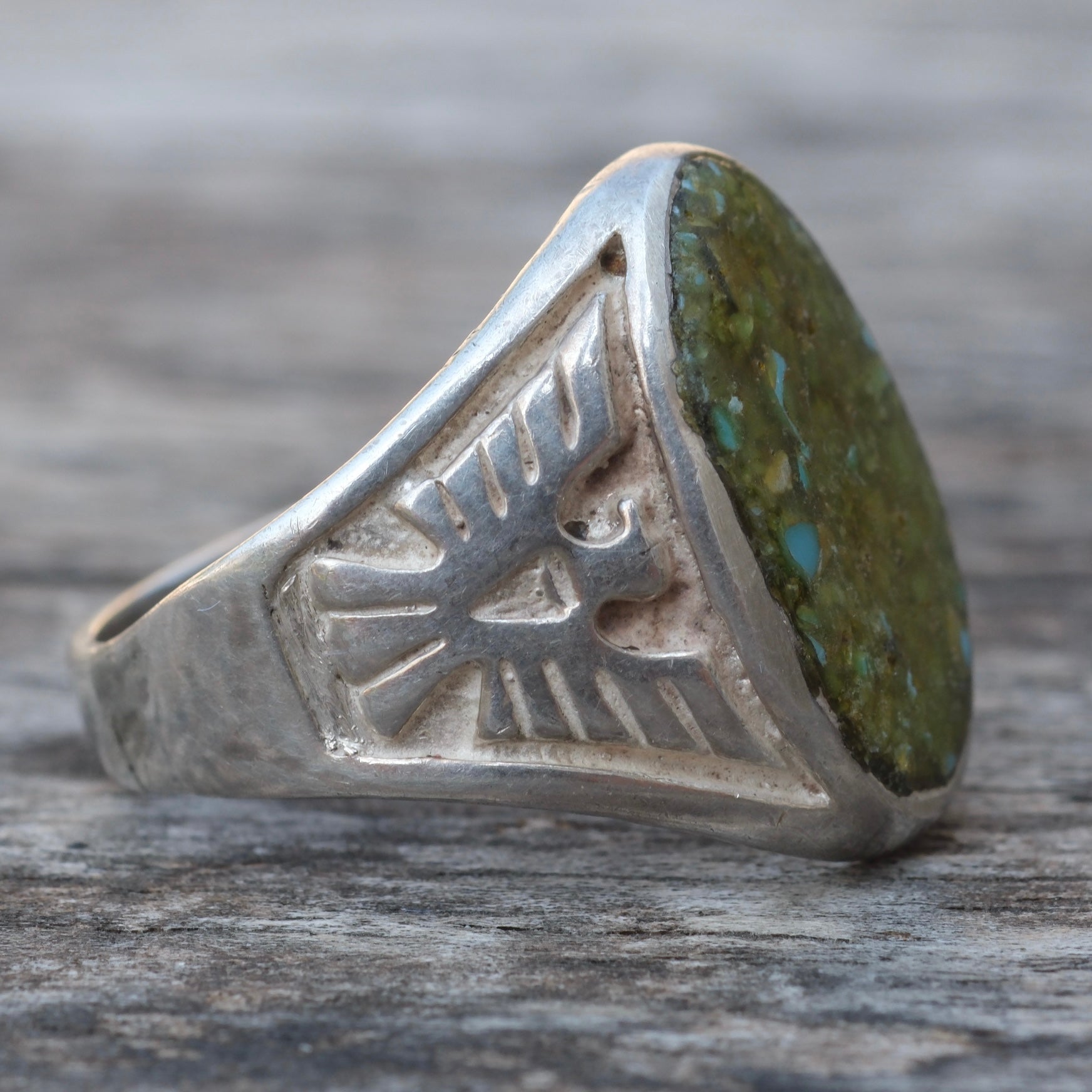 Vintage Sterling Crushed Turquoise Thunderbird Ring 9.5