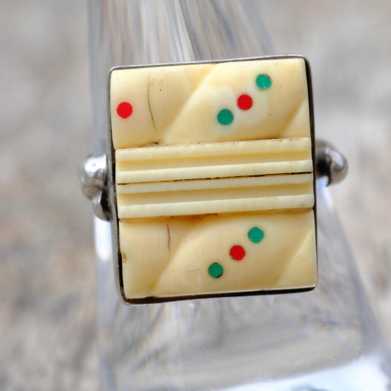Vintage Sterling Carved Bone Mahjong Ring 8