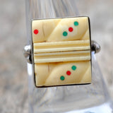 Vintage Sterling Carved Bone Mahjong Ring 8