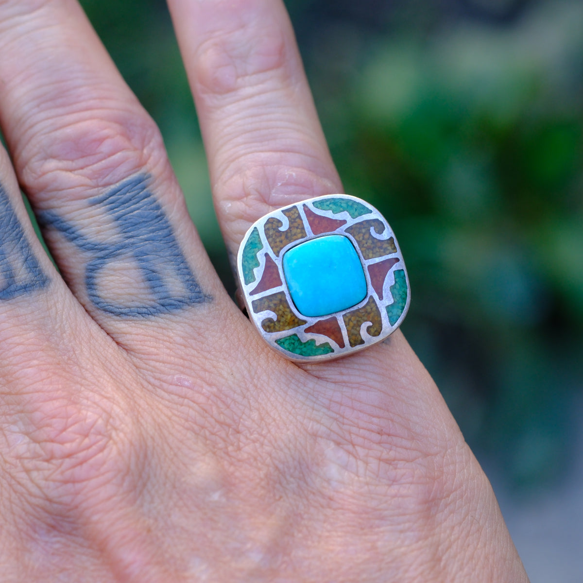 Vintage Sterling Turquoise and Coral Inlay Ring 7.75