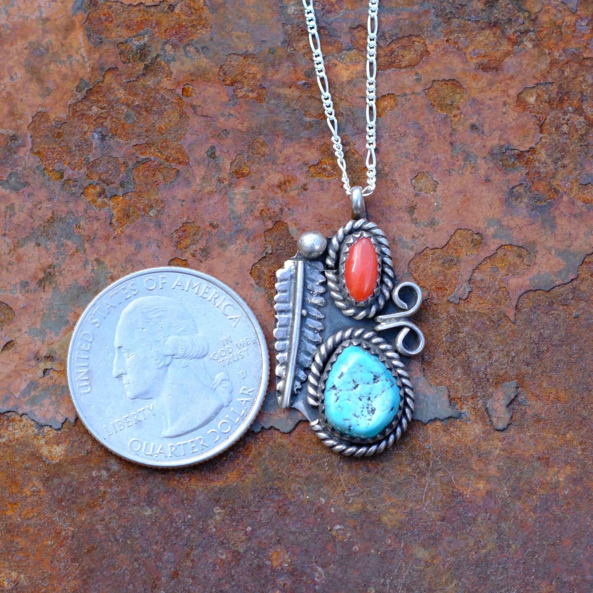 Vintage Sterling Silver Turquoise & Coral Feather Necklace
