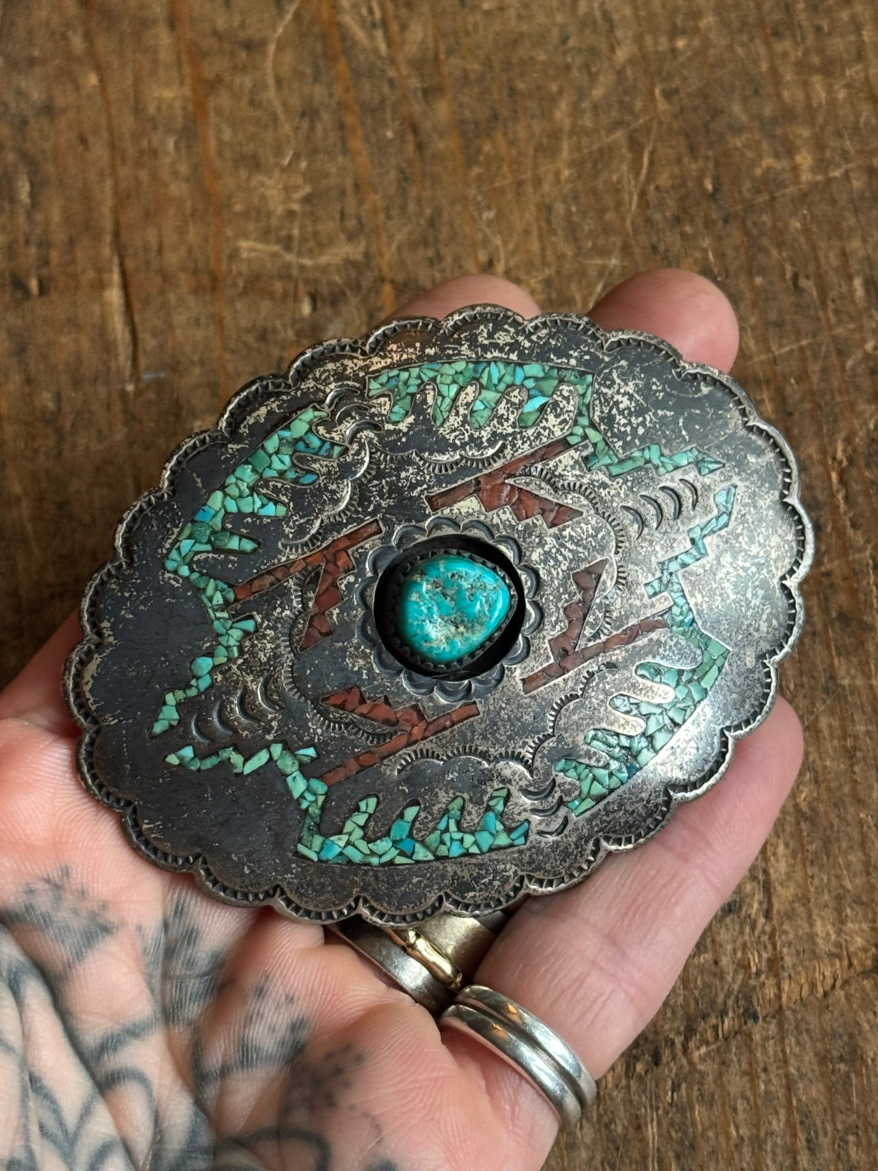 Vintage Sterling Silver Crushed Coral & Turquoise Inlay Concho Belt Buckle