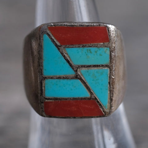 Vintage Sterling Turquoise and Coral Inlay Ring 7.5