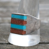 Vintage Sterling Turquoise and Goldstone Inlay Striper Ring 12