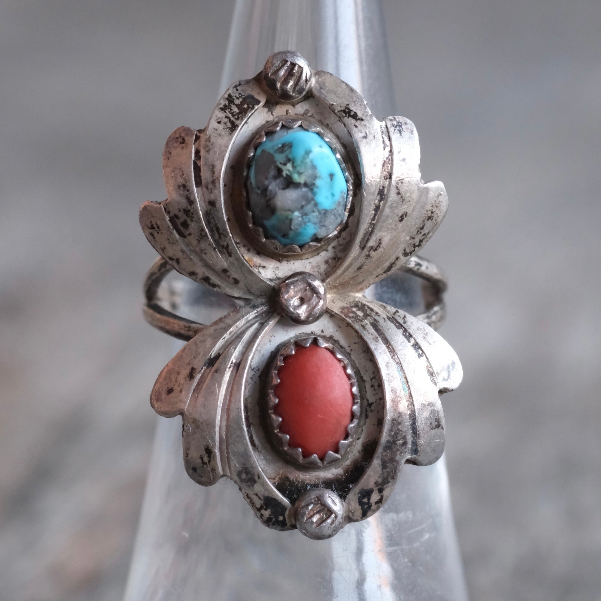 Vintage Sterling Turquoise and Coral Ring 6