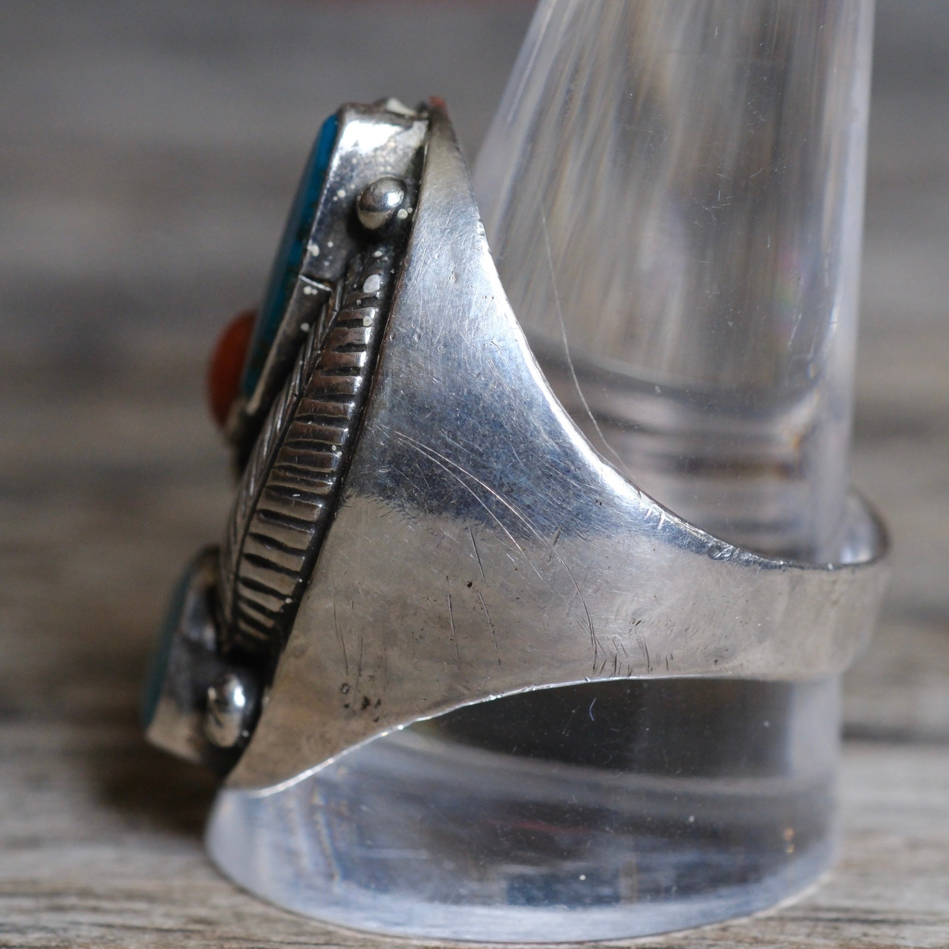 Vintage Sterling Turquoise and Coral Feather Ring 12