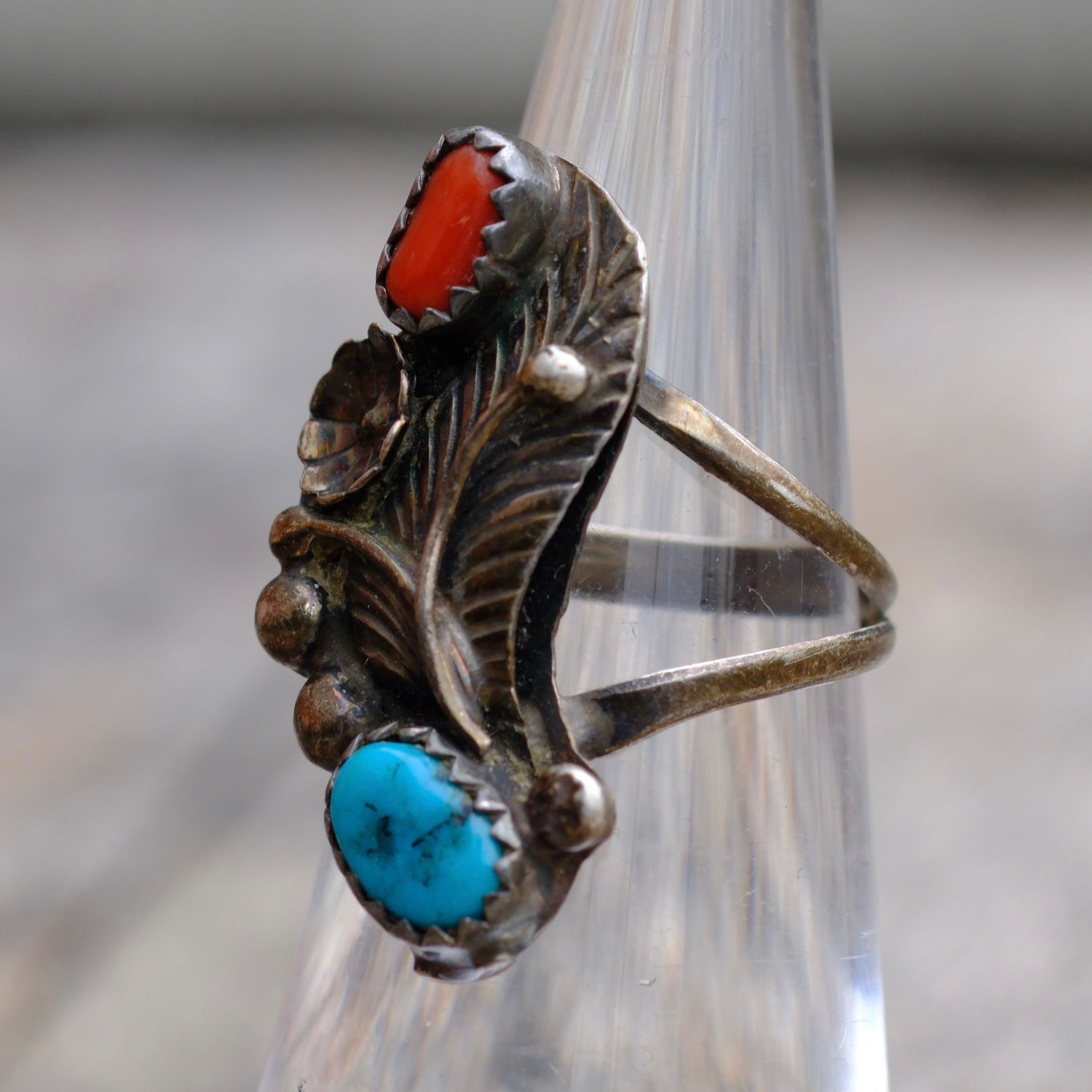 Vintage Sterling Turquoise and Coral Feather Ring 3.75