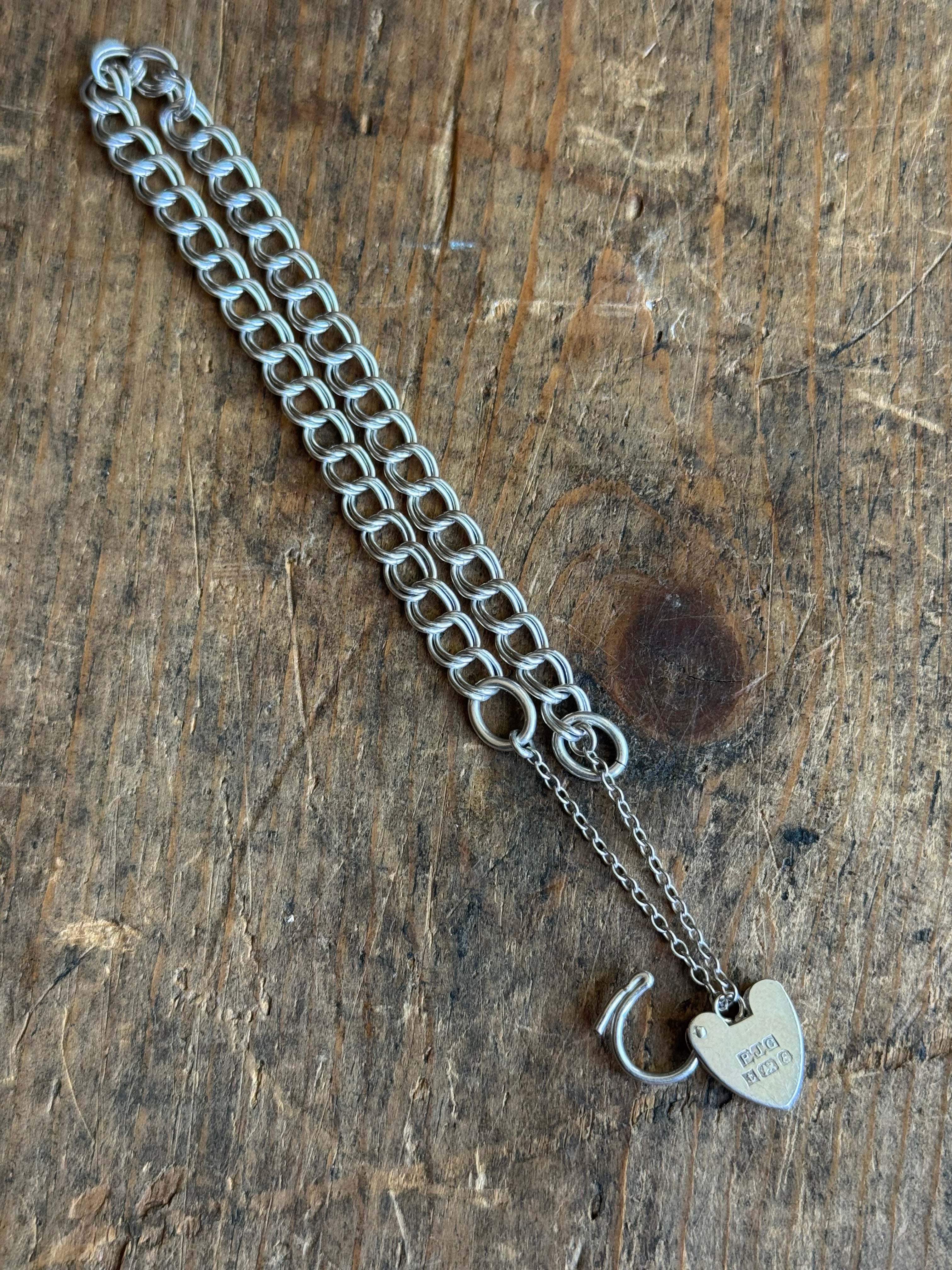 Vintage Sterling Silver Padlock Heart Double Link Chain Bracelet 7.5"