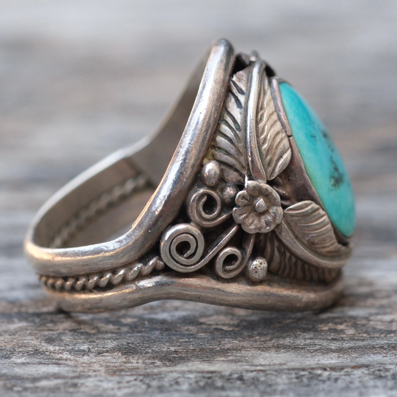 Vintage Sterling Turquoise Feather Ring 11