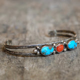 Vintage Sterling Turquoise and Coral Cuff Bracelet