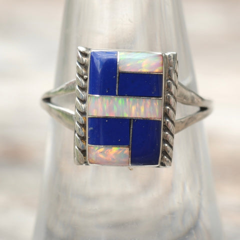 Vintage Sterling Opalite and Lapis Inlay Ring 7