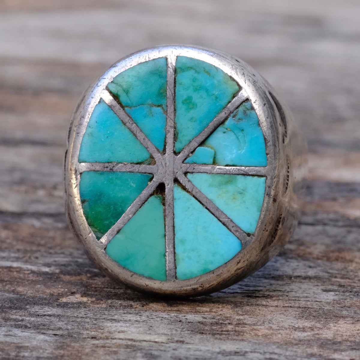 Vintage Sterling Turquoise Pinwheel Stamped Band Ring 9.5