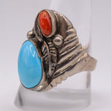 Vintage Sterling Turquoise and Coral Feather Ring 10.75