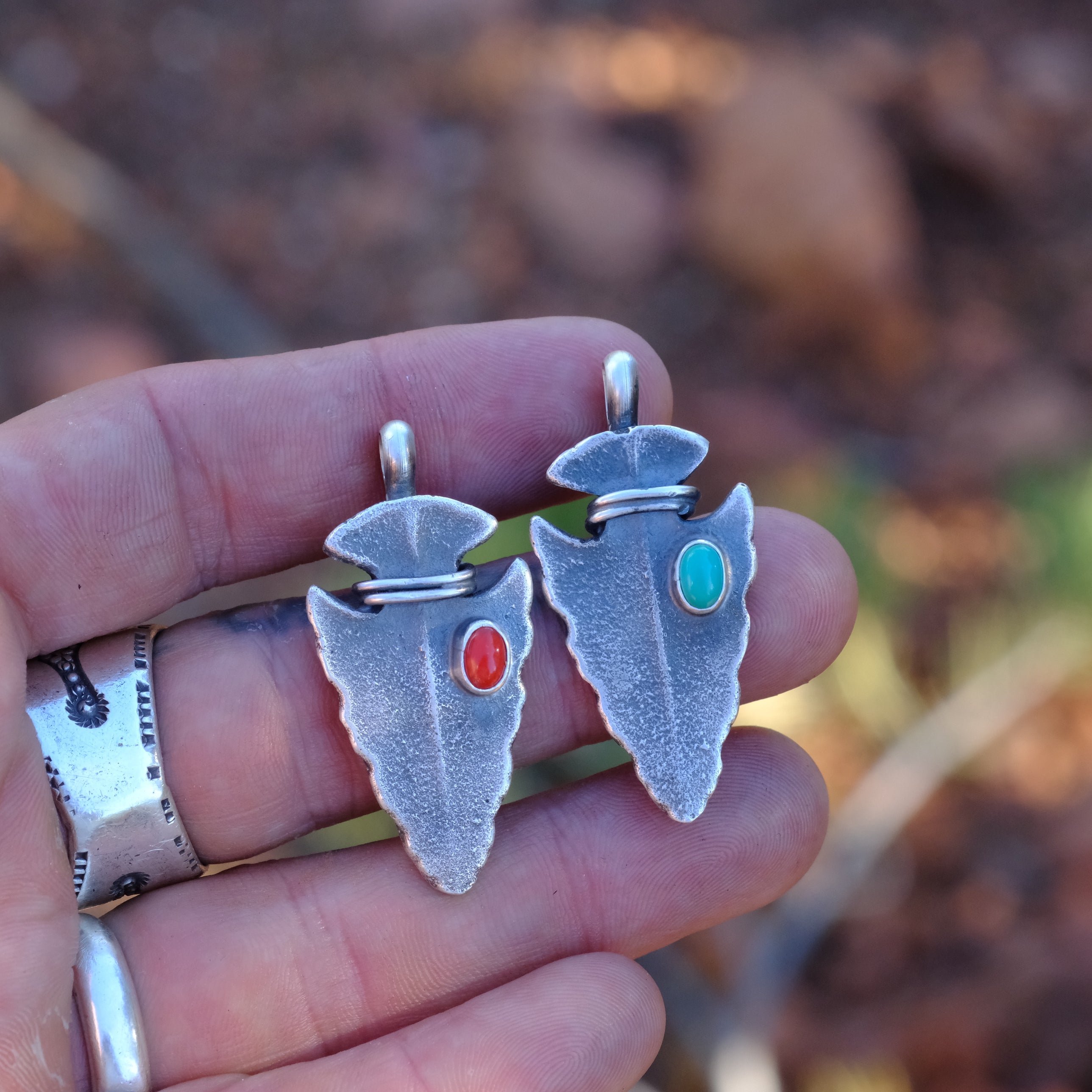 LEON MARTINEZ Sterling Silver Turquoise or Coral Arrowhead Pendants